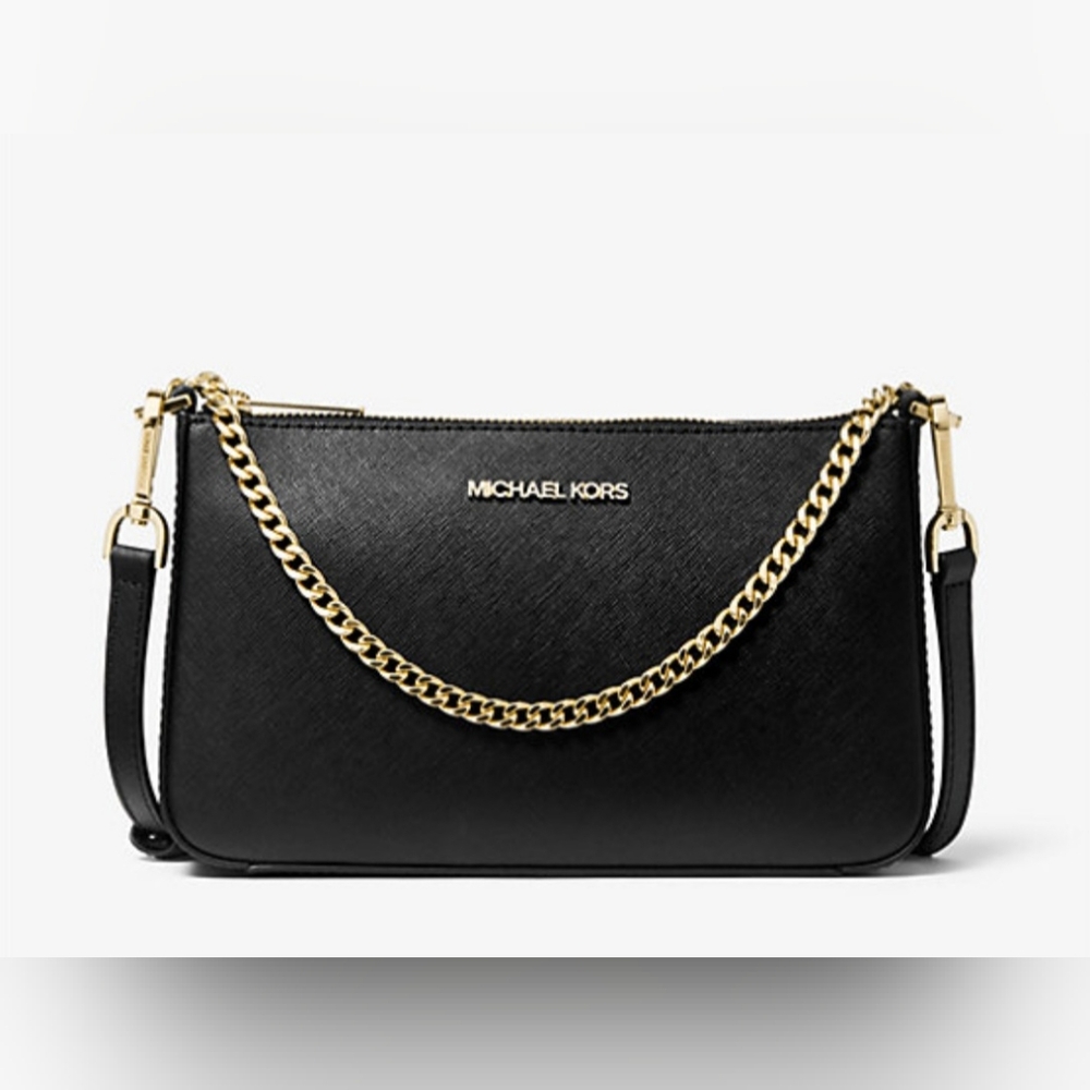 Michael Kors Jet Set Leather Crossbody Bag, Black with Gold Chain